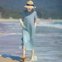 ราคา Original design, high-end fashion, Chinese-style linen embroidered modified cheongsam, vintage stand-up collar, short-sleeved embroidered dress with slit, Chinese-style dress for (1734813872137274846)