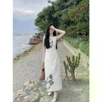 ราคา Casual Linen Ink-Printed Vacation Tank Top High-Waisted Versatile Long Dress (1734910847557535667)