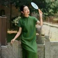 ราคา Original design, fashionable high-end new Chinese-style women's clothing, summer short-sleeve linen printed dress, Chinese-style retro modified cheongsam, 2026 new model, Chinese women's clothing (173