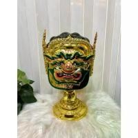 ราคา ✦เศียรครู พระพิราพ (หน้าทอง) ขนาดครอบศรีษะ งานกระดาษ ใส่ตาแก้ว ปิดทองเค ประดับพลอย พร้อมฐานไม้อัดสีแดงฟรี khon mask◎ (1733678031101265766)