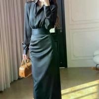 ราคา French Style High-End Satin Ant Waist Long Sleeve Turn-Down Collar Shirt High Waist Slim Fit Half Skirt Slimming Long Skirt Set for Women (1733511677010806523)