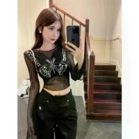 ราคา เสื้อยืด แขนยาว ดีไซน์ใหม่ เปลือยหลังเซ็กซี่ ซีทรู ตกแต่งผีเสื้อตาข่าย เสื้อสั้นสีดำ สำหรับผู้หญิง (1732263660173297151)