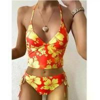 ราคา [Hot] Swimwear Floral Print Women Suits Two Piece Sets Printed Beachwear Halter Bikini Set Lace-up Push Up Tankini Swimsuits Women (1734891511199860462)