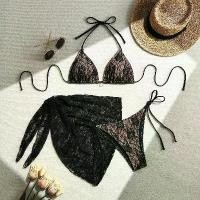 ราคา 2025 New Bikini 3-Piece Swimwear Solid Color Lace Mesh Skirt Swimsuit Bikini (1735312992789366772)