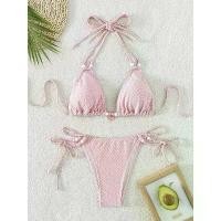 ราคา Swimwear Solid Color Lace Up Neck Split Swimsuit Beach Bikini (1735426194256397586)