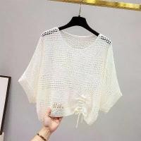 ราคา 2025 short knitted mesh t-shirt for women, summer thin hollow-out short-sleeve, 2025 new loose sunscreen cover-up to pair with skirts (1735285886480058177)