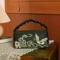 ราคา Hot selling black embroidered coin purse, vintage style party clutch bag, embroidered shoulder bag with leather handle in stock. (1733929663510775128)
