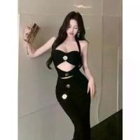 ราคา Cutout Sexy Rose Metal Buckle Halter Black Dress Women's Light Luxury Party Elegant Body-Flattering Long Dress (1735108465012868298)