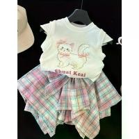 ราคา Girls' Summer Cartoon Print Short Sleeve T-Shirt & Skirt Set - Cute Cat Design with Pink Bow, Asymmetrical Hem, White Top & Plaid Skirt, Perfect for Casual Playtime, Playtime Att (1733535008638732132)