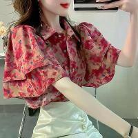 ราคา Sweet floral print shirt, 2025 new model for women, summer printed short-sleeve shirt with a high-end feel, ruffled loose top (1734966402131985546)