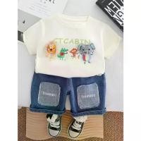 ราคา Boys' Summer Animal Print T-Shirt with 3D Applique + Denim Shorts 2pcs Set, Soft and Comfortable Fabric, Ideal for Casual Casual Attire, Perfect for Outdoor boy (1734362837268924313)