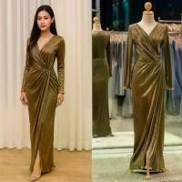 ราคา ชุดราตรียาวมีแขน คอวี ผ่าหน้า ชุดไปงานแต่งงานกลางคืน ชุดราตรีคนอ้วน ใส่สวย PFL100-GLD ทอง ครีม น้ำตาล (1734738874536264794)