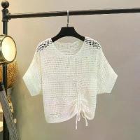 ราคา ฤดูร้อน เสื้อแขนสั้นบางแบบแบตวิงถักแบบโปร่งตาข่ายมีเชือกผูกสำหรับผู้หญิงพร้อมชุดเดรสสายเดี่ยว ไหมพรม (1733684453342283046)