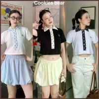 ราคา C104 - Cookies Bear เสื้อครอปแขนสั้นผ้ายืด แต่งขอบลายจุด Polka Dot งานปัก (1734685665612171077)