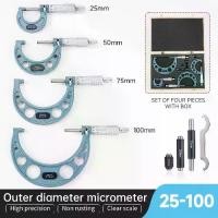 ราคา Micrometer set 0-25 mm.-50 mm.-75 mm.-100 mm.4 pieces with standard wheel stoppers, range 0-100 mm.Caliper gauge 0.01 mm. (1733599023666791463)