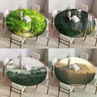 ราคา 2025 Tablecloth Dining Table Cloth Wash-Free Waterproof Oil-Proof Dust-Proof Forest Scenery Print Elastic Round Tablecloth (1733195964031665438)
