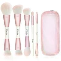 ราคา START MAKERS Makeup Brushes 5Pcs Dual Ended Pink Makeup Brush Set for Foundation Blush Bronzer Concealer Contour Powder Highlight Eyebrow Eyeshadow Blending, Travel Makeup Brushes with Bag (1734754674