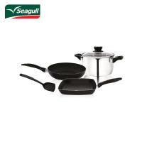 ราคา เครื่องครัวที่ร้านอาหารชั้นนำ และแม่บ้านมือโปรเลือกSeagull ชุดเครื่องครัวแฮปปี้ ไลฟ์ 5 ชิ้น ประกอบด้วย หม้อต้มพร้อมฝาแก้ว กระทะทรงตื้น กระทะย่าง ตะหลิวเครื่องครัวสำหรับแม่บ้านยุคใหม่ อย่างคุณ เครื่องค