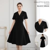 ราคา ChalotteQueenBrand T1440 ชุดเดรสสีดำ คอปกสูท แขนสั้น ทรงบาน เดรสทำงาน ชุดทำงาน ชุดสุภาพยาว 40 นิ้ว (19100405079)