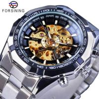 ราคา Forsining นาฬิกาข้อมือกลไกของผู้ชายนาฬิกาโชว์กลไกแบบใสหรูหรากันน้ำทำจากสเตนเลสสตีลสีเงินปี2019 (646658030)
