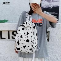 ราคา JOHNN กระเป่านักรียน กระเป๋าเป้ผ้าใบลายวัวน่ารักกระเป๋านักเรียนสีดำลายจุดสีตัดกัน กระเป๋า นักเรียน (13891605069)