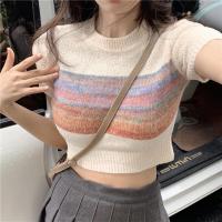 ราคา ส่งเร็ว KAYKAI พร้อมส่ง เสื้อครอปไหมพรม คอกลม แขนสั้นไหมพรมผ้านิ่ม ดีเทลคาดสีรุ้ง น่ารักๆ สไตล์เกาหลี DL28 (19070803070)