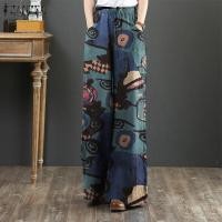 ราคา ZANZEA กางเกงขายาวผ้าฝ้ายสำหรับผู้หญิงกางเกงขายาวทรงหลวมขากว้างสไตล์ย้อนยุคพิมพ์ลายพื้นเมือง (11069824992)