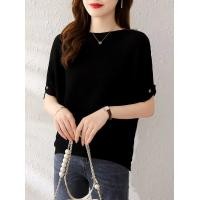 ราคา พร้อมส่ง เสื้อไหมพรม คอปาดแขนสั้น แต่งกระดุมแขน ทอลายขวาง ผ้านิ่มเก๋ๆ แขนค้างคาว (19458509782)