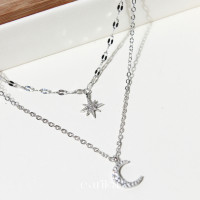 ราคา earika earrings double layer sparkling diana necklace สร้อยคอเงินแท้สองเลเยอร์จี้พระจันทร์และดาว เหมาะสำหรับคนแพ้ง่าย (20051135334)