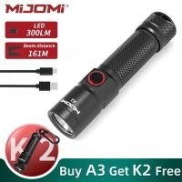 ราคา ซื้อ1แถม1 K2ฟรี ไฟฉาย Mijomi A3ขนาดกะทัดรัดไฟฉายอุตสาหกรรมที่มีระยะลำแสง161เมตรไฟ LED Osram 18650 Type C ชาร์จไฟได้ง่ายควบคุม3โหมดโคมไฟไฟฉาย IPX4Waterproof (20121839321)