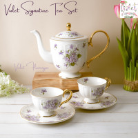 ราคา Violet Flamingo ชุดน้ำชาลายดอกไม้สีม่วงขอบทอง Violet Signature Tea Set (19578053194)