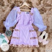 ราคา SG240 Dress เดรสแขนยาว แขนพองผ้าแก้วซีทรู สุดเก๋ ทรงคอยู ติดโบว์ช่วงไหล่ แต่งระบายชาย (16734763573)