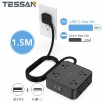 ราคา Surge Protector Power Strip with USB TESSAN Ultra Thin Flat Plug 1 5M Extension Cord 1625W 2 USB A 1 Type C 8AC Outlets 900J Surge Protection Wall Mount for Home Office Dorm Room Essentials (200389486