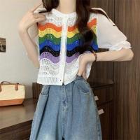 ราคา ? ? ? ? ? ? ? ? ? NO 271 พร้อมส่ง เสื้อยืดแขนสั้น ผ้าถัก ลายทาง สีรุ้ง แฟชั่นไหมพรม สไตล์เกาหลี สําหรับผู้หญิง (20416863686)