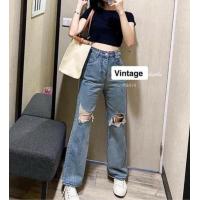 ราคา กางเกงยีนส์เอวสูงแต่งเข่างานป้ายVintage 9414 (14956913327)