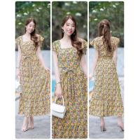 ราคา Maxi dress ลายดอกไม้ ดีเทลแต่งระบายที่แขนและชายกระโปรง มีซับใน มีโบว์ผูกเอวปรับระดับเอวได้ งานซิปซ่อนด้านหลัง รอบอก 34 36 (19714833642)