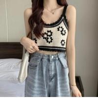 ราคา เสื้อสายเดี่ยวถักไหมพรมดอกไม้ เสื้อครอปปักลายดอกสไตล์เกาหลีสำหรับผู้หญิง (20051657039)