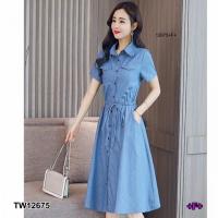 ราคา P12675 เดรสยีนส์กระดุมผ่าหน้า เอวรูดเชือก Button front denim dress drawstring waist (10044161078)