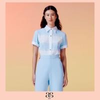 ราคา asv pf23 Audrey Lace Striped Shirt เสื้อเชิ้ตผู้หญิง คอปก แขนสั้น แต่งตัดต่อผ้าซาติน แต่งพับชายแขนเสื้อ แต่งผ้าลูกไม้ แต่งกระดุมทอง (19912056078)