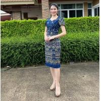 ราคา เดรสผ้าฝ้ายลายไทยสีแดง ชุดผ้าไทยสีม่วง ชุดผ้าฝ้ายสีพาสเทล (20280364494)