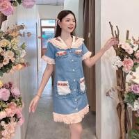 ราคา Plus size เดรสกระโปรงยีนส์สาวอวบ เสื้อผ้าเเฟชั่นผู้หญิงอ้วน คอบัวระบายชมพู รุ่น ด เอสวัน H43 (20632462135)