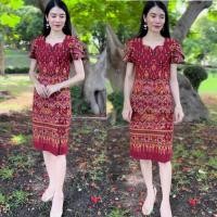 ราคา เดรสผ้าไทย เดรสผ้าฝ้ายผ้าทอ เดรสสีฟ้า ชุดผ่าไทย (20087162719)