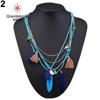 ราคา Gravitational Wave ผู้หญิง Boho สไตล์ชาติพันธุ์พู่ขนนกลูกปัด Multi Layer Chain สร้อยคอ (9147532677)