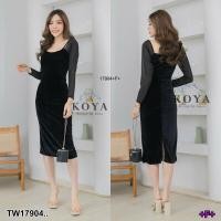 ราคา B17904 เดรสกำมะหยี่สีพื้นแขนยาว Solid color velvet dress with long sleeves (16245794743)