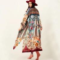 ราคา Bohemian Print Floral Vintage Kimono Holiday Flare Sleeve Beach Cover Up With Long Cardigan Bikini Cover ups Elegant Self Belted Kimono Dress Tunic Women Plus Size Beach Wear (20019902733)