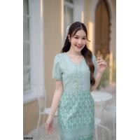 ราคา พร้อมส่ง เดรสผ้าลายไท แต่งลูกไม้กระดุม งานป้าย Dress world (18734960187)