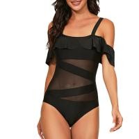 ราคา New Solid Black Mesh Patchwork Swimsuit Off Shoulder And Backless Transparent Hot Bikini Swim Suits Female Cut Out Swimsuit Bathing Suit For One Piece Ruffled Womens Swimwear (20022477613)