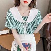 ราคา เสื้อลูกไม้ลายจุดหวานสำหรับผู้หญิงเสื้อคอตุ๊กตาแขนสั้นลายจุด (18296678049)