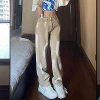 ราคา มีปลายทาง กระบอกเบสิคเอวสูง สีครีมออกกากี กางเกงยีนส์ลำลองขายาว กางเกงยีนส์สีกากี (17504372553)