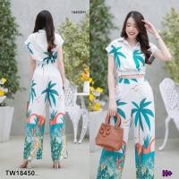 ราคา TW18450 set 2 ชิ้น เสื้อครอปปกเชิ้ต ลายต้นมะพร้าว กางเกงขาายาวลายต้นมะพร้าว (17764370354)